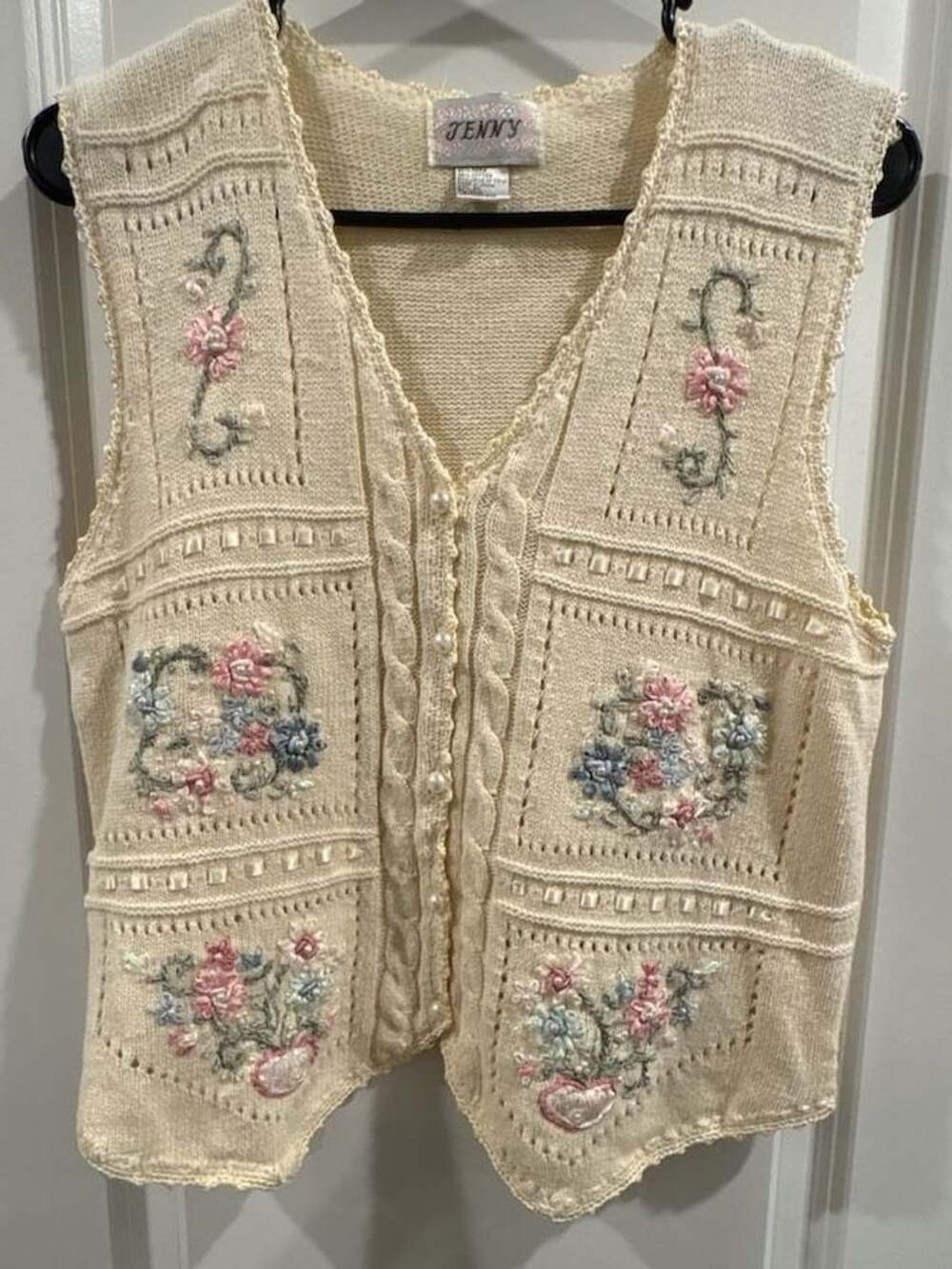 Vintage Jenny Cream Embroidered Floral Button Front Knit Vest Size M